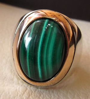 huge malachite natural green stone sterling silver 925 ring jewelry bronze frame eastern turkish arabic style oval semi precious cabochon