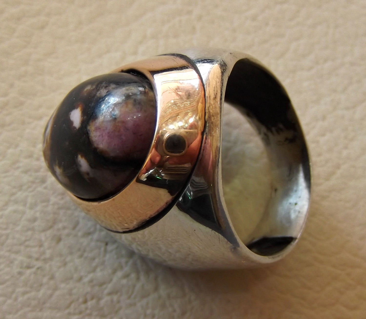 huge men ring rhodonite jasper oval sterling silver 925 natural stone semi precious pink and black gem in bronze frame two tone jewelry