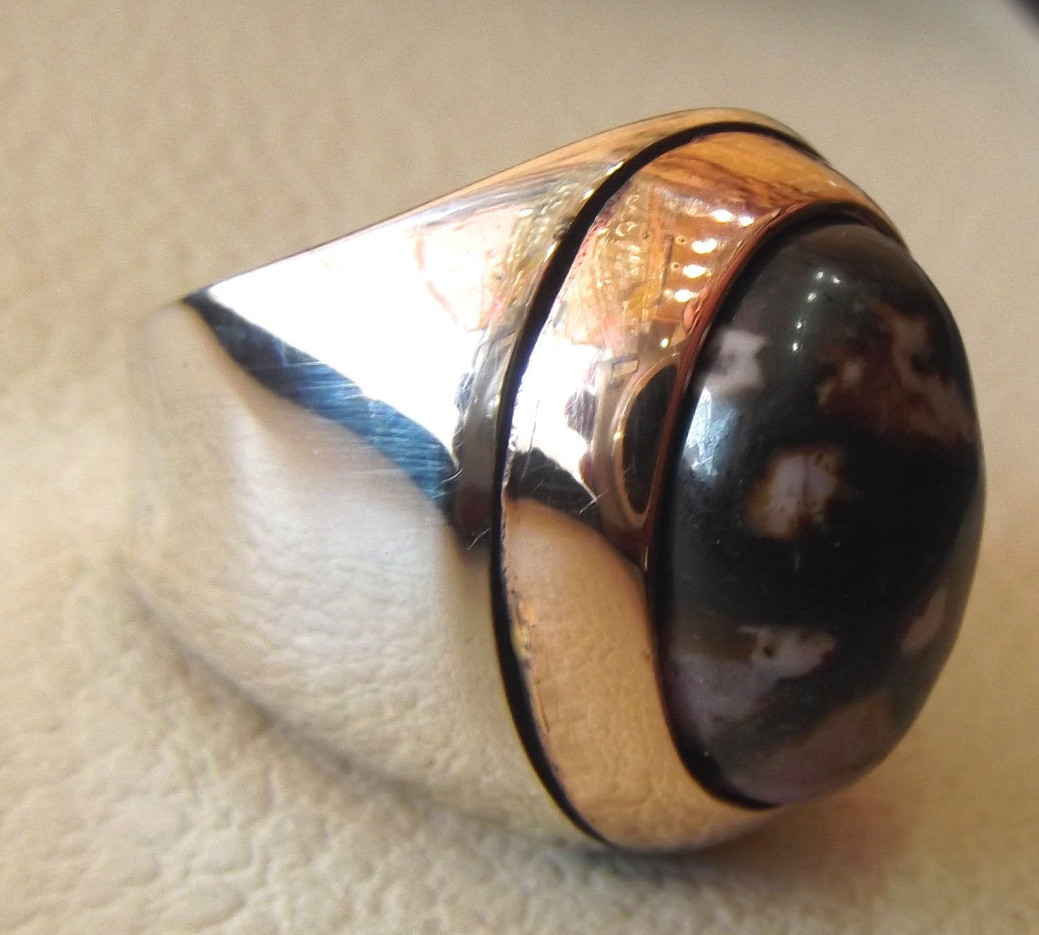 huge men ring rhodonite jasper oval sterling silver 925 natural stone semi precious pink and black gem in bronze frame two tone jewelry