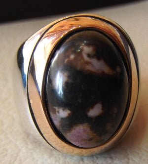 huge men ring rhodonite jasper oval sterling silver 925 natural stone semi precious pink and black gem in bronze frame two tone jewelry