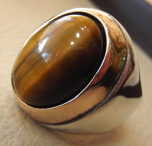 men ring tiger eye cat eye natural cabochon semi precious oval stone ottoman antique arabic style two tone sterling silver 925  any size