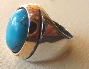 turquoise heavy sterling silver men ring blue oval arab ottoman middle eastern jewelry cabochon stone all sizes bronze frame