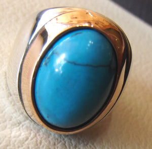 turquoise heavy sterling silver men ring blue oval arab ottoman middle eastern jewelry cabochon stone all sizes bronze frame