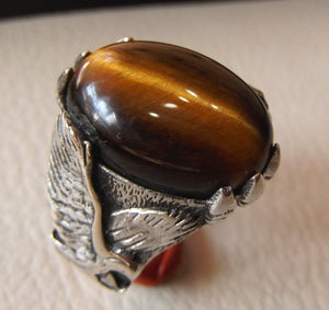 Tiger eye cat eye semi precious natural stone gem oval cabochon eagle man ring sterling silver 925 any size fast shipping jewelry oxidized