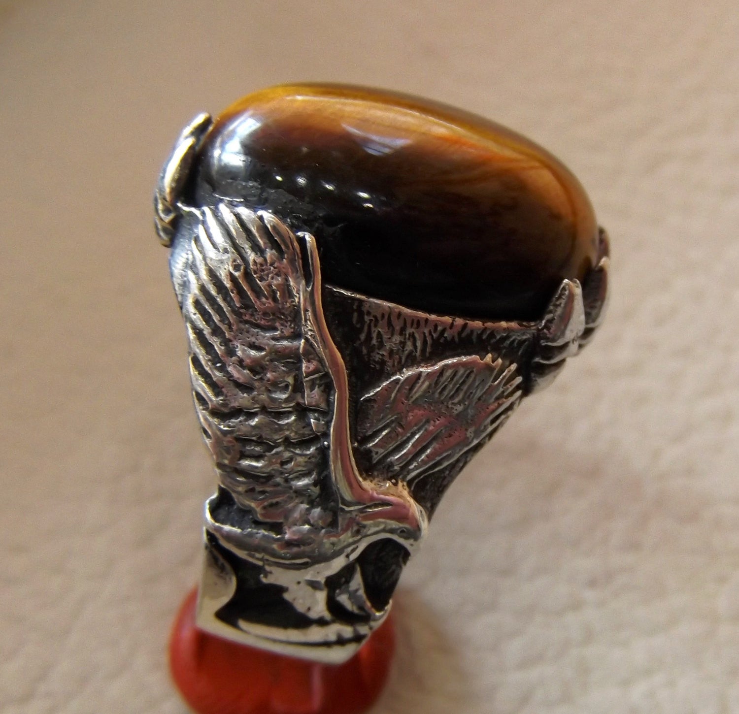 Tiger eye cat eye semi precious natural stone gem oval cabochon eagle man ring sterling silver 925 any size fast shipping jewelry oxidized