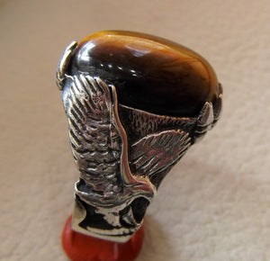 Tiger eye cat eye semi precious natural stone gem oval cabochon eagle man ring sterling silver 925 any size fast shipping jewelry oxidized
