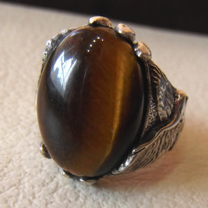 Tiger eye cat eye semi precious natural stone gem oval cabochon eagle man ring sterling silver 925 any size fast shipping jewelry oxidized