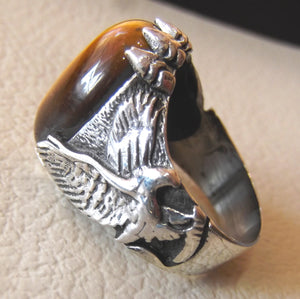 Tiger eye cat eye semi precious natural stone gem oval cabochon eagle man ring sterling silver 925 any size fast shipping jewelry oxidized