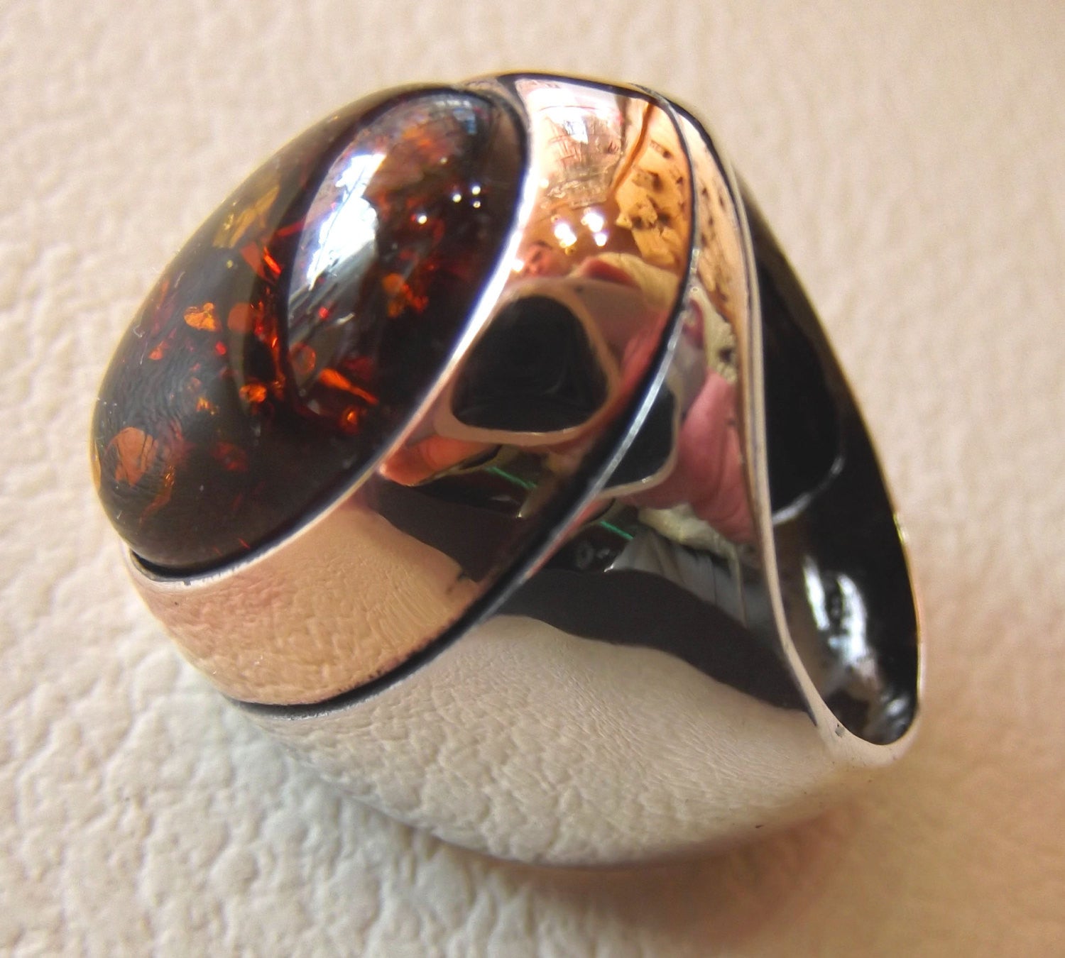 Baltic amber oval stone huge two tone man ring sterling silver 925 any size fast shipping bronze frame imitation stone identical to genuine