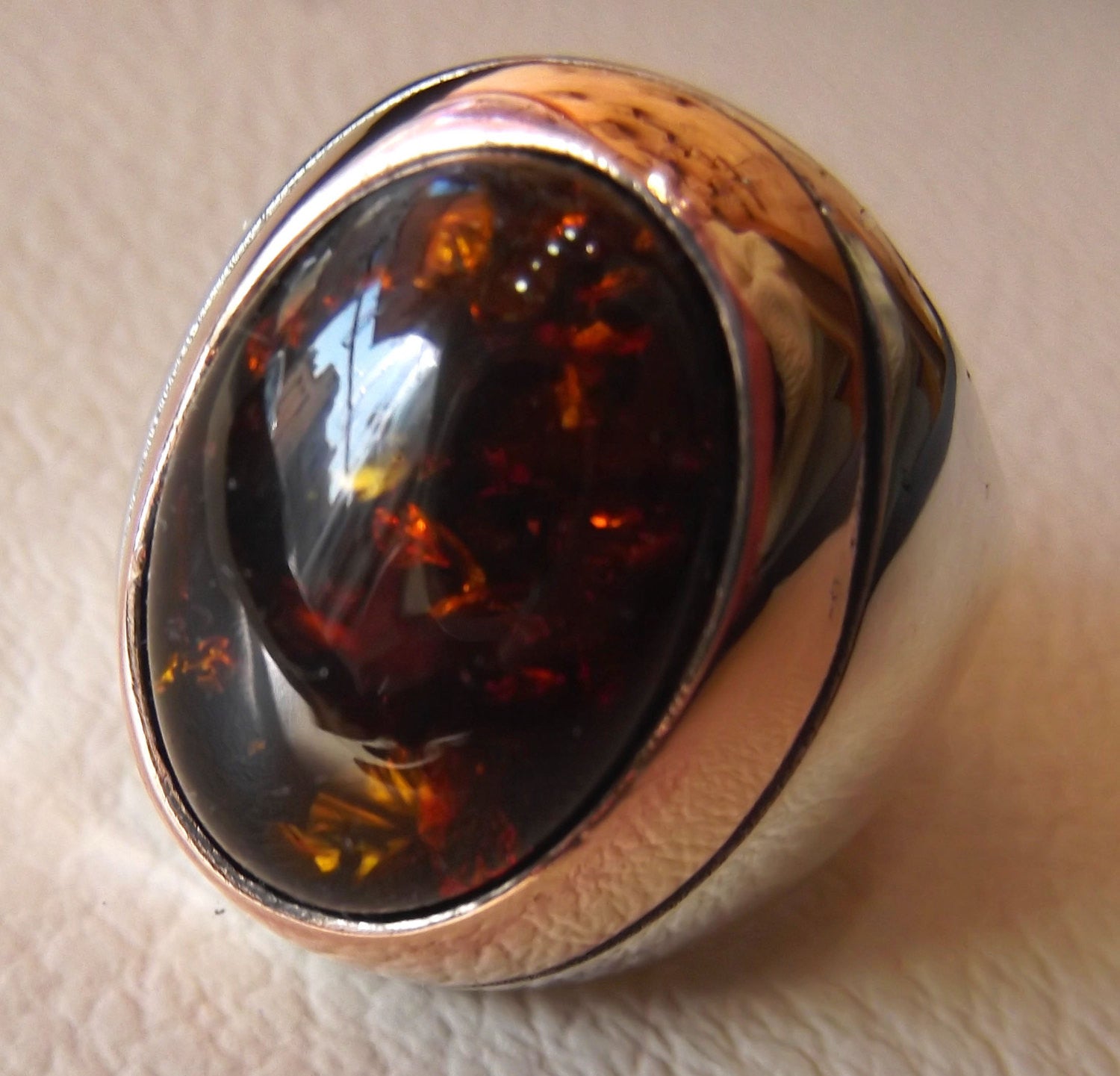 Baltic amber oval stone huge two tone man ring sterling silver 925 any size fast shipping bronze frame imitation stone identical to genuine