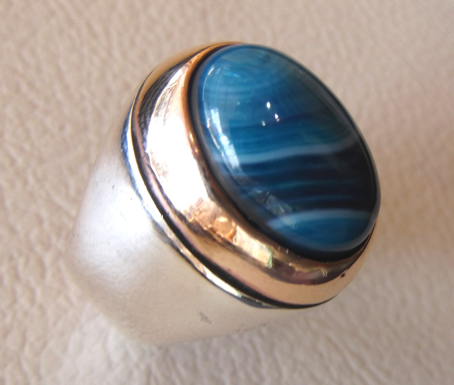 blue agate striped oval cabochon huge man ring sterling silver 925 bronze frame all sizes two tone jewelry arabic middle eastern style