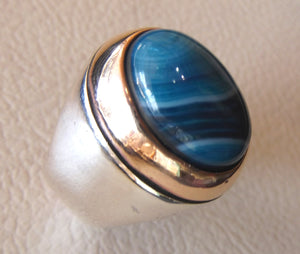 blue agate striped oval cabochon huge man ring sterling silver 925 bronze frame all sizes two tone jewelry arabic middle eastern style