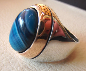 blue agate striped oval cabochon huge man ring sterling silver 925 bronze frame all sizes two tone jewelry arabic middle eastern style