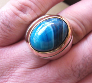 blue agate striped oval cabochon huge man ring sterling silver 925 bronze frame all sizes two tone jewelry arabic middle eastern style