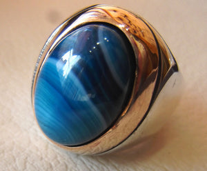 blue agate striped oval cabochon huge man ring sterling silver 925 bronze frame all sizes two tone jewelry arabic middle eastern style