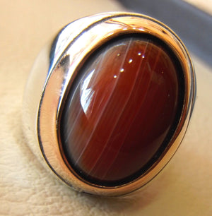 agate carnelian natural red yemen aqeeq sterling silver man heavy ring 925 arabic bronze frame striped cabochon all sizes fast shipping