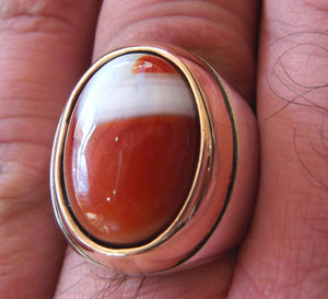 multi color yemen agate aqeeq carnelian sterling silver 925 ring bronze frame heavy jewelry red orange brown white yellow arabic style oval