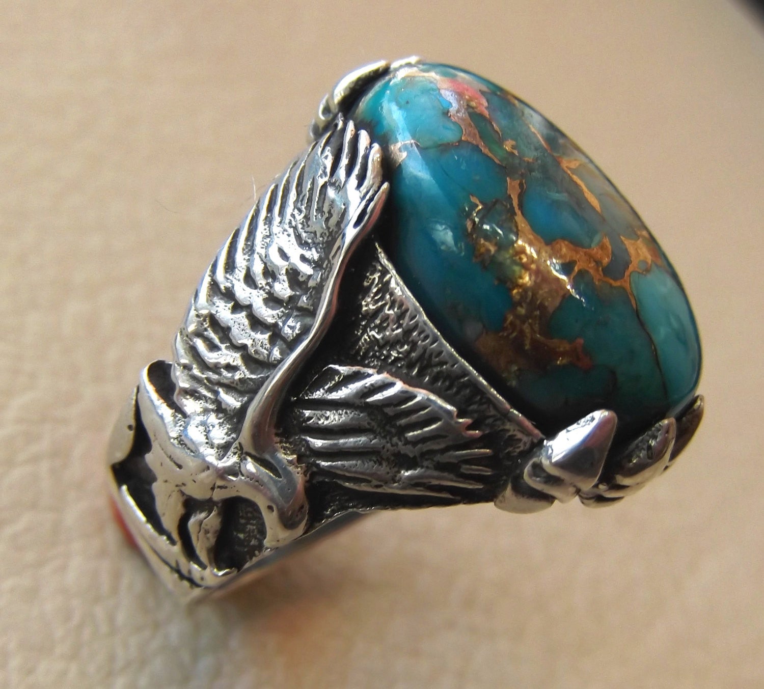 eagle ring natural copper turquoise stone semi precious oval cabochon blue gem all sizes animal men sterling silver jewelry fast shipping