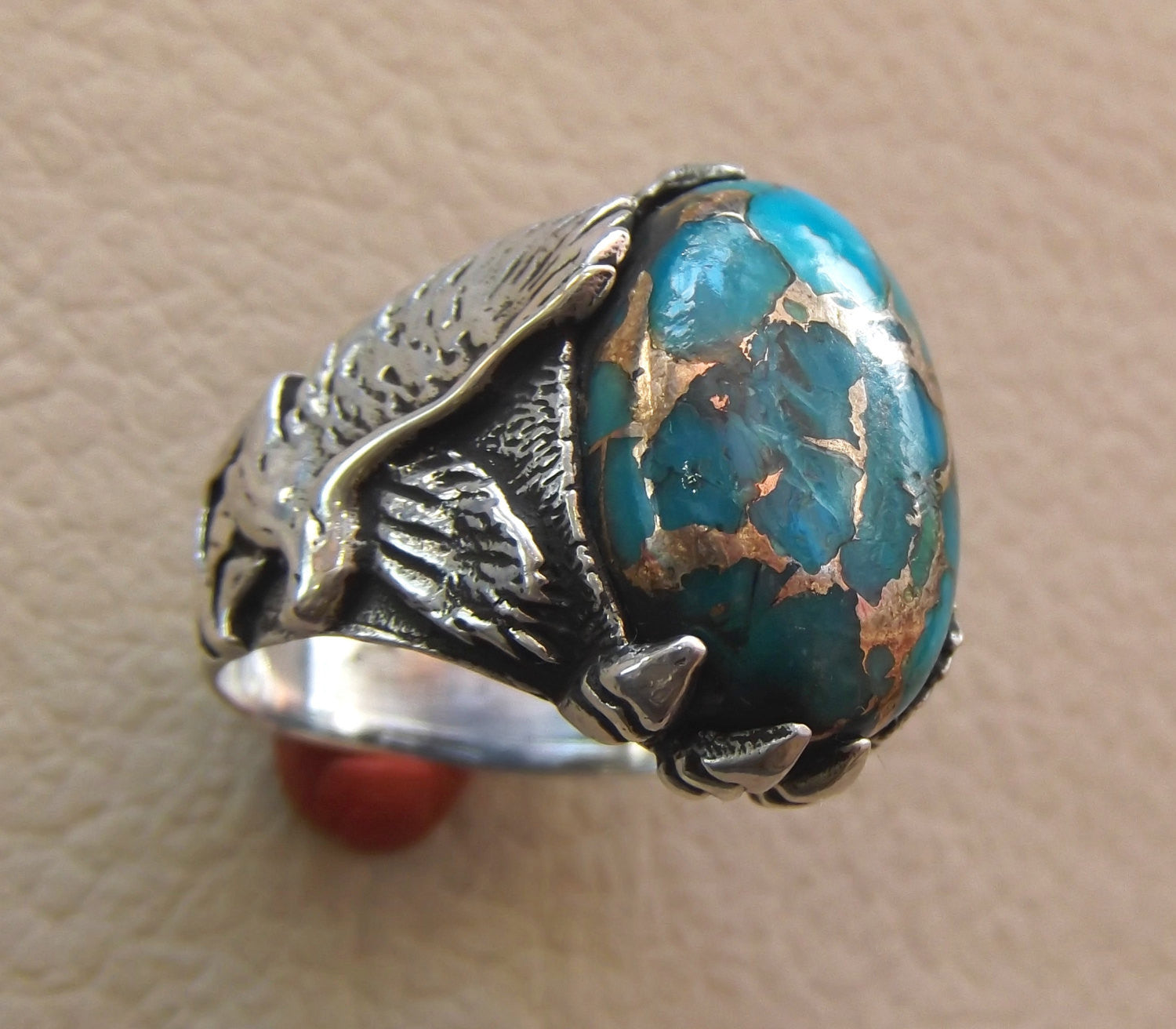 eagle ring natural copper turquoise stone semi precious oval cabochon blue gem all sizes animal men sterling silver jewelry fast shipping