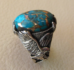 eagle ring natural copper turquoise stone semi precious oval cabochon blue gem all sizes animal men sterling silver jewelry fast shipping