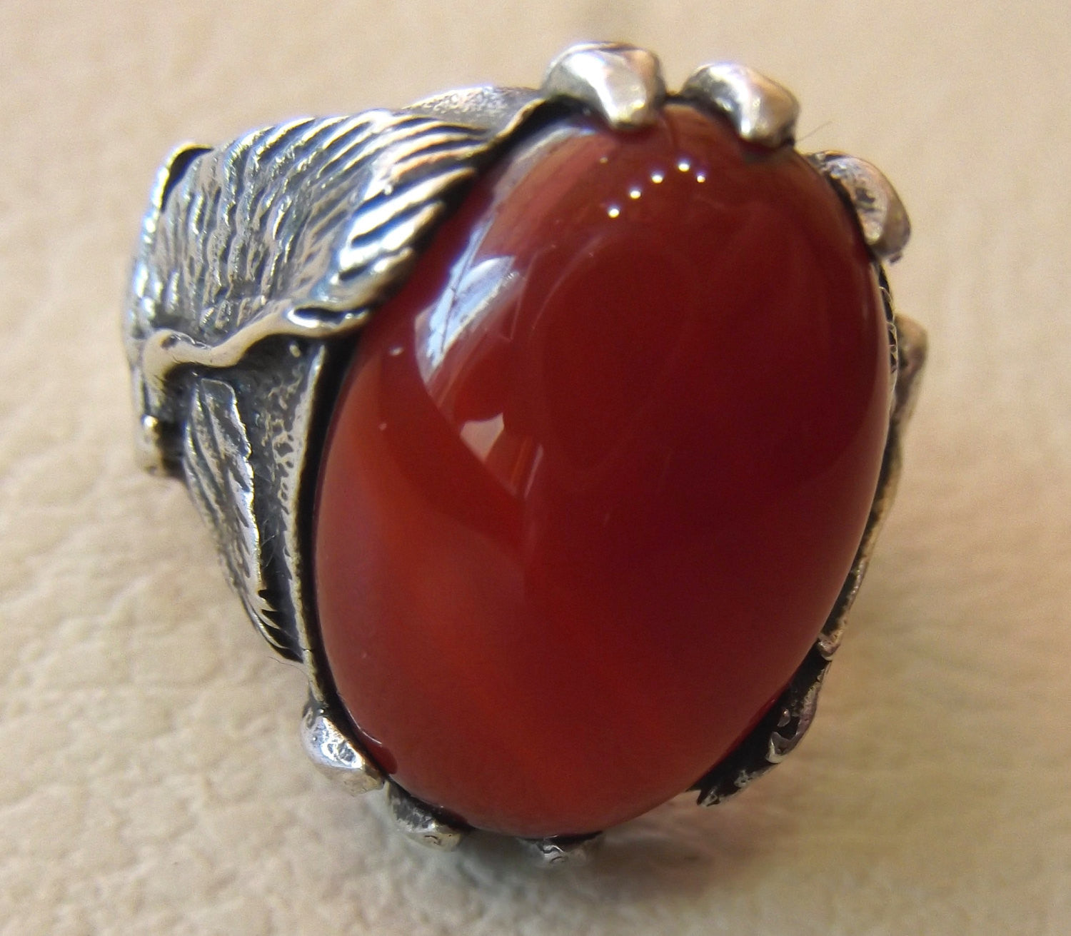 carnelian liver agate yamani aqeeq semi precious natural red stone man eagle ring sterling silver 925 oxidized jewelry any size fast ship