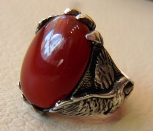 carnelian liver agate yamani aqeeq semi precious natural red stone man eagle ring sterling silver 925 oxidized jewelry any size fast ship