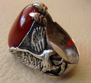 carnelian liver agate yamani aqeeq semi precious natural red stone man eagle ring sterling silver 925 oxidized jewelry any size fast ship