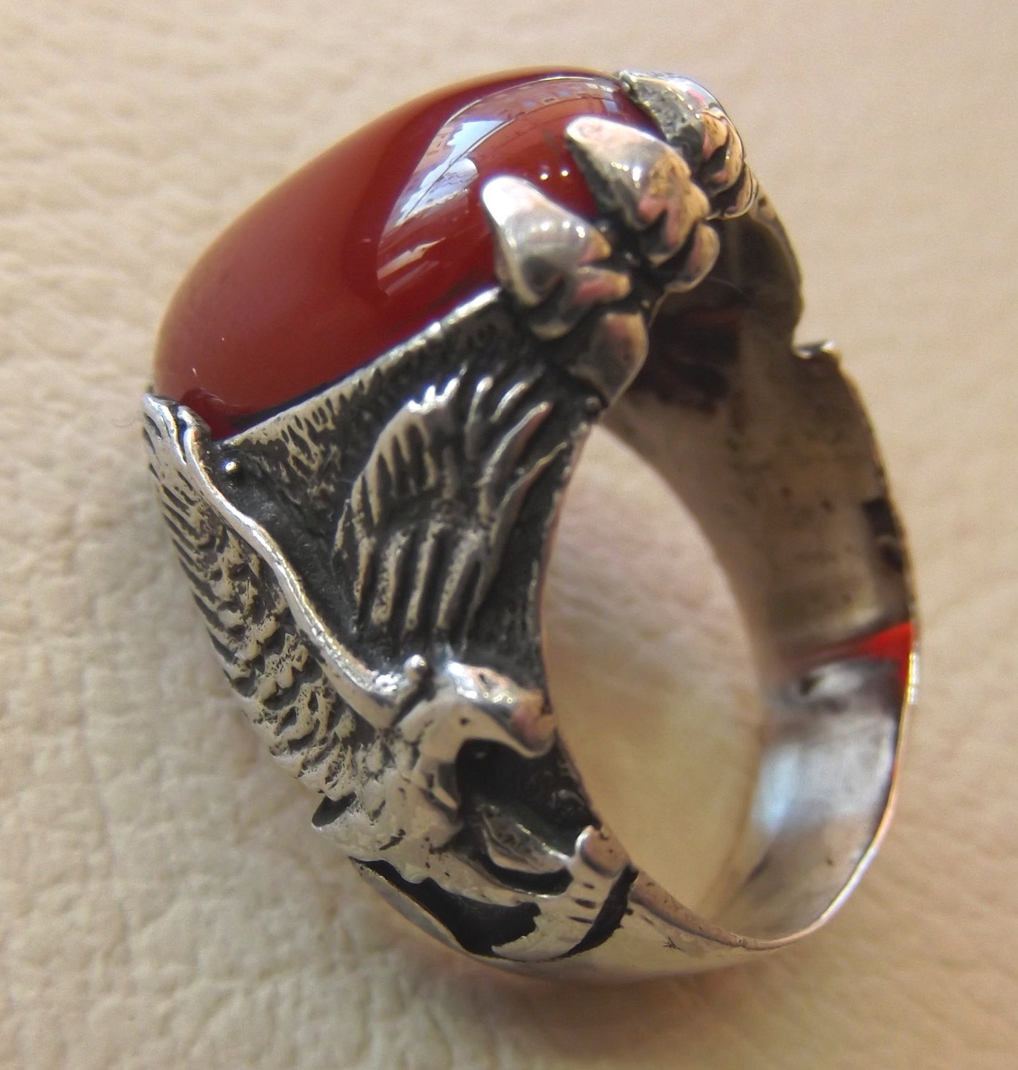 carnelian liver agate yamani aqeeq semi precious natural red stone man eagle ring sterling silver 925 oxidized jewelry any size fast ship