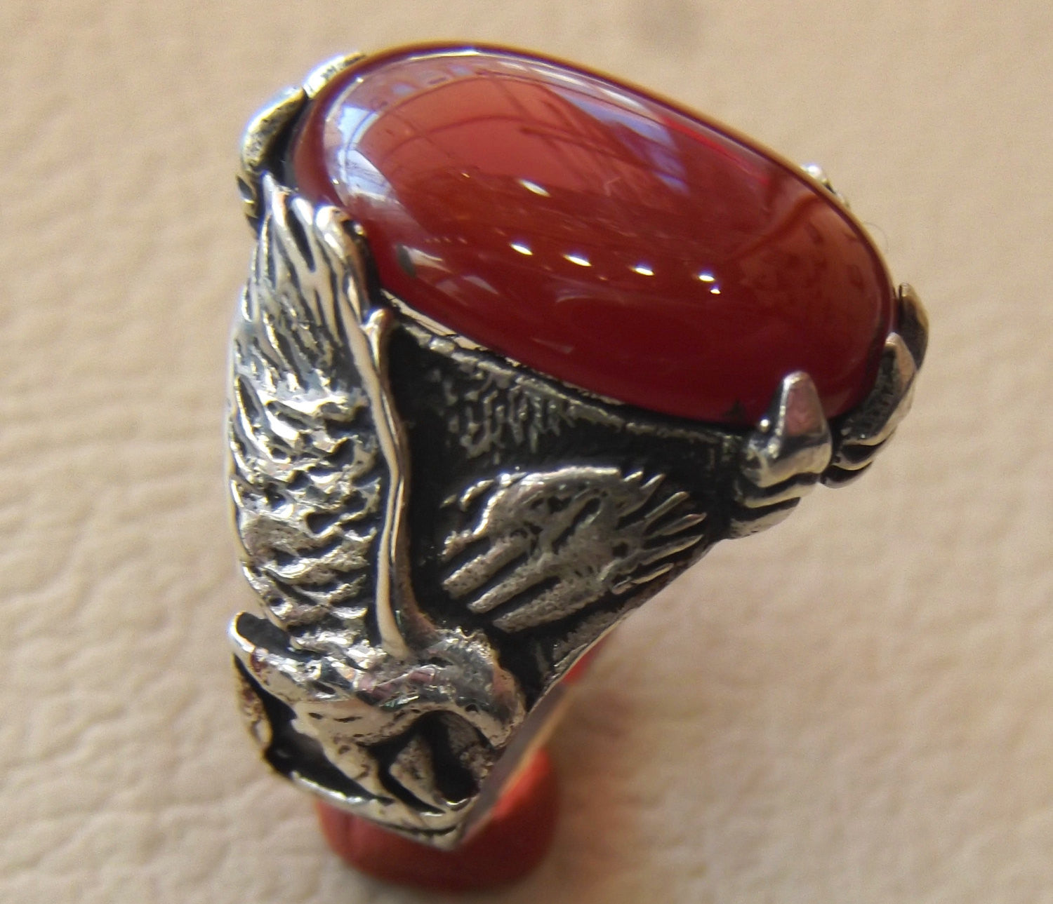 carnelian liver agate yamani aqeeq semi precious natural red stone man eagle ring sterling silver 925 oxidized jewelry any size fast ship