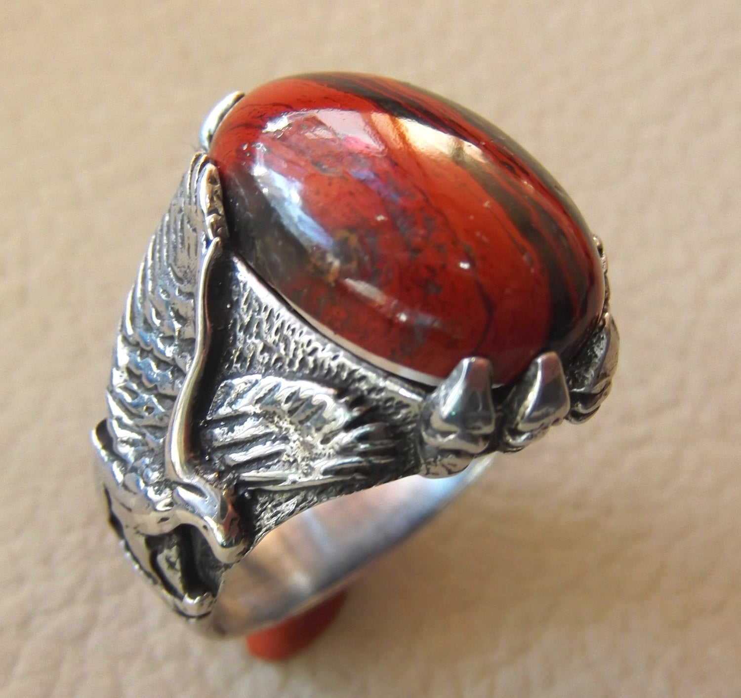 snake skin jasper stone natural gem sterling silver 925 ring red and black oval semi precious cabochon man eagle ring jewelry fast shipping