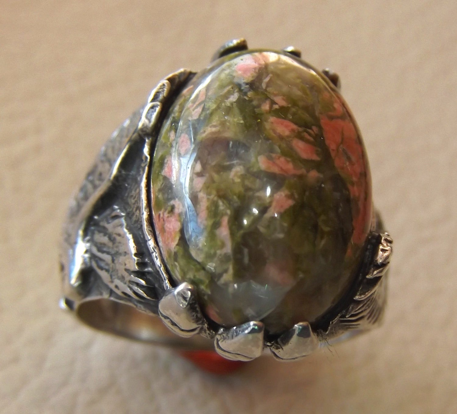 unakaite natural cabochon men huge ring sterling silver 925 with eagle semi precious oval green rose unakite gem jewelry all sizes