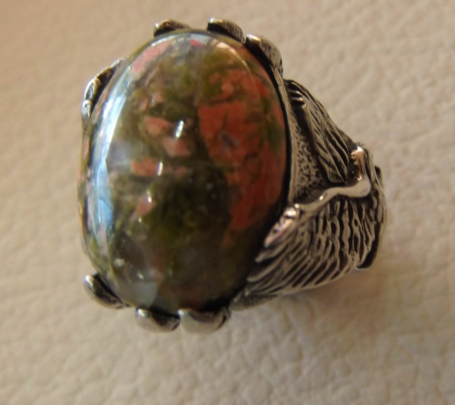 unakaite natural cabochon men huge ring sterling silver 925 with eagle semi precious oval green rose unakite gem jewelry all sizes