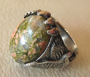 unakaite natural cabochon men huge ring sterling silver 925 with eagle semi precious oval green rose unakite gem jewelry all sizes