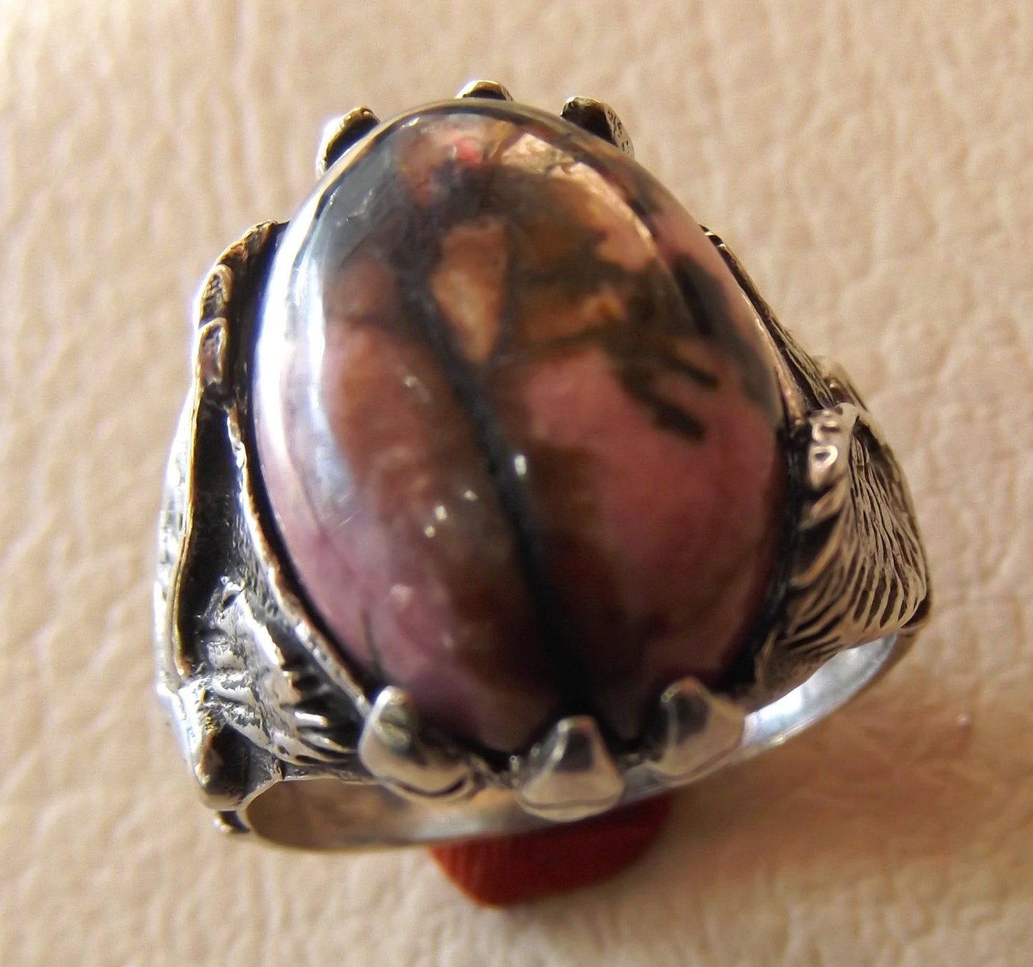 eagle men ring rhodonite jasper oval sterling silver 925 natural stone semi precious pink and black gem all sizes fast shipping jewelry