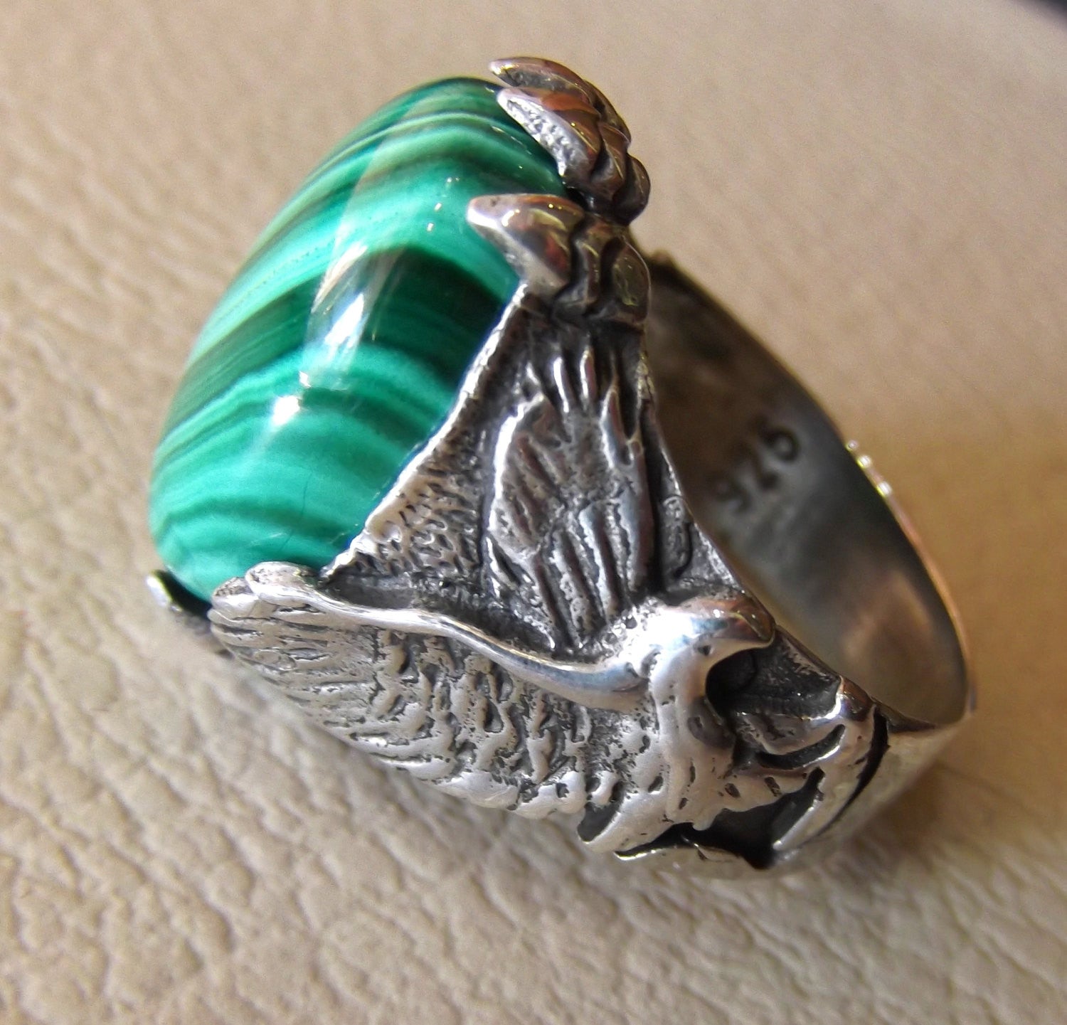 malachite natural green gemstone oval cabochon stone eagle ring sterling silver 925 semi precious any size jewelry man gift fast shipping