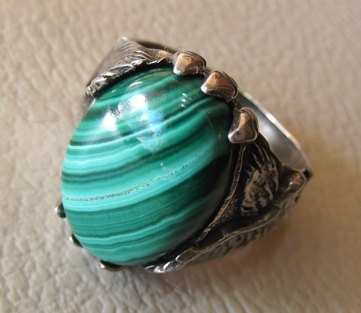 malachite natural green gemstone oval cabochon stone eagle ring sterling silver 925 semi precious any size jewelry man gift fast shipping