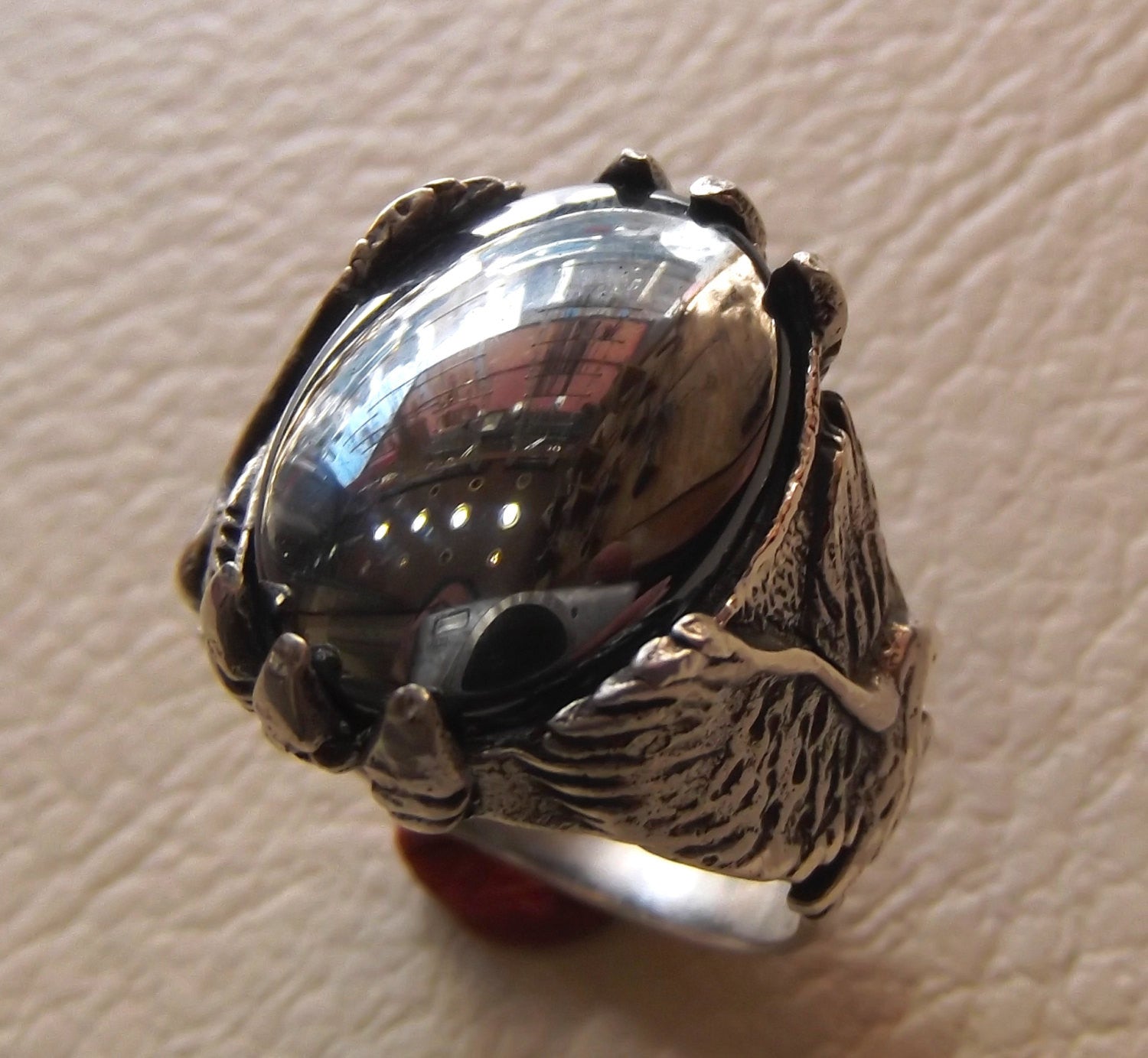 hematite natural stone sterling silver 925 man eagle ring 18 mm 13 mm grey mirror cabochon semi precious jewelry all sizes nice gift