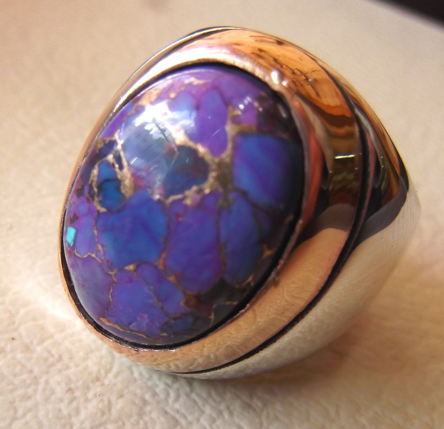 purple mohave copper turquoise natural stone men sterling silver 925 ring oval cabochon semi precious gem bronze frame  all sizes jewelry