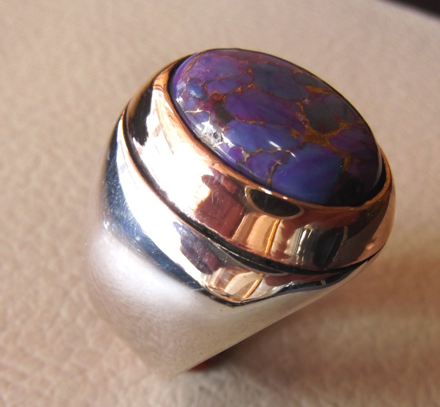 purple mohave copper turquoise natural stone men sterling silver 925 ring oval cabochon semi precious gem bronze frame  all sizes jewelry