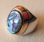 abalone shell multi color blue rainbow stone sterling silver 925 bronze frame men ring heavy huge all sizes fast shipping two tone jewelry