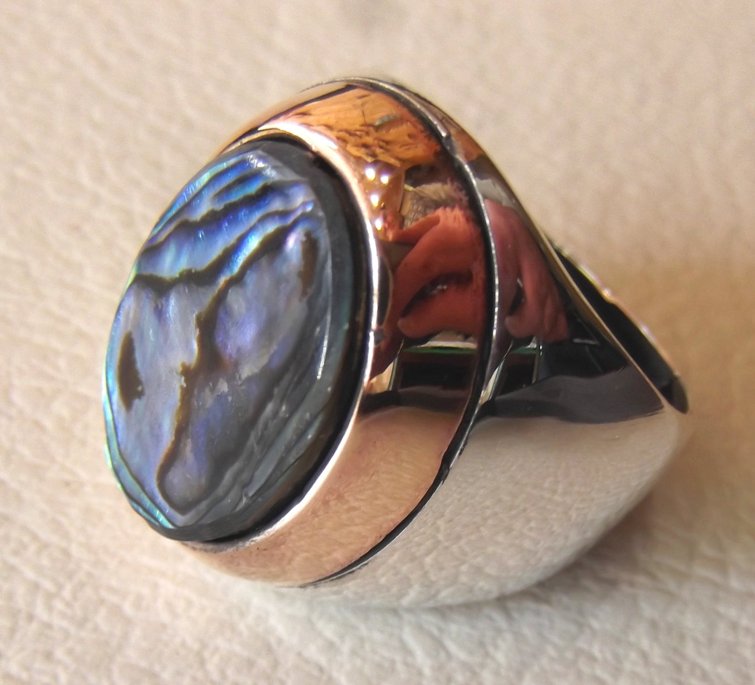 abalone shell multi color blue rainbow stone sterling silver 925 bronze frame men ring heavy huge all sizes fast shipping two tone jewelry