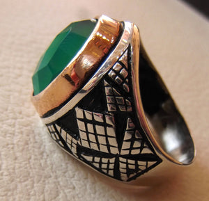 green agate aqeeq sterling silver 925 vintage men ring arabic style jewelry any size fast shipping faceted semi precious natural stone