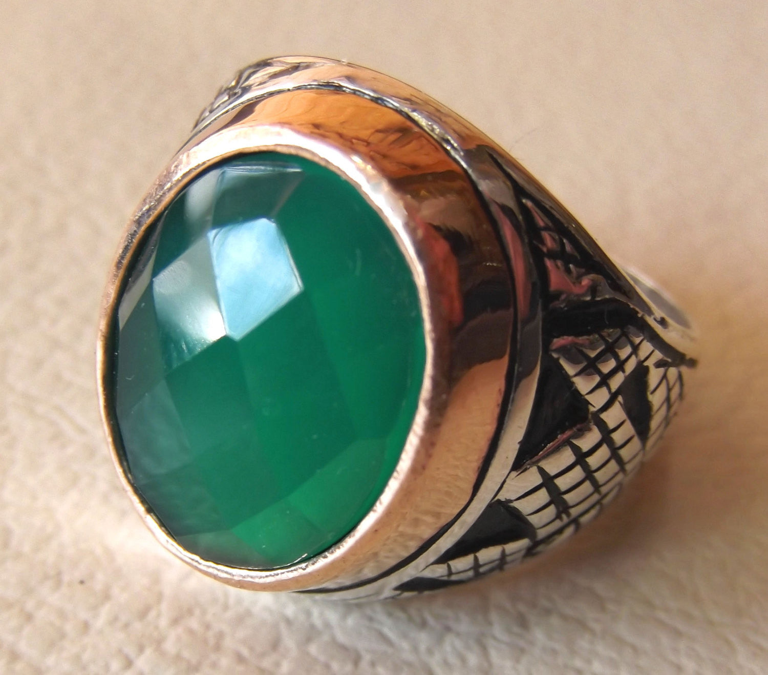 green agate aqeeq sterling silver 925 vintage men ring arabic style jewelry any size fast shipping faceted semi precious natural stone