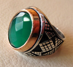 green agate aqeeq sterling silver 925 vintage men ring arabic style jewelry any size fast shipping faceted semi precious natural stone