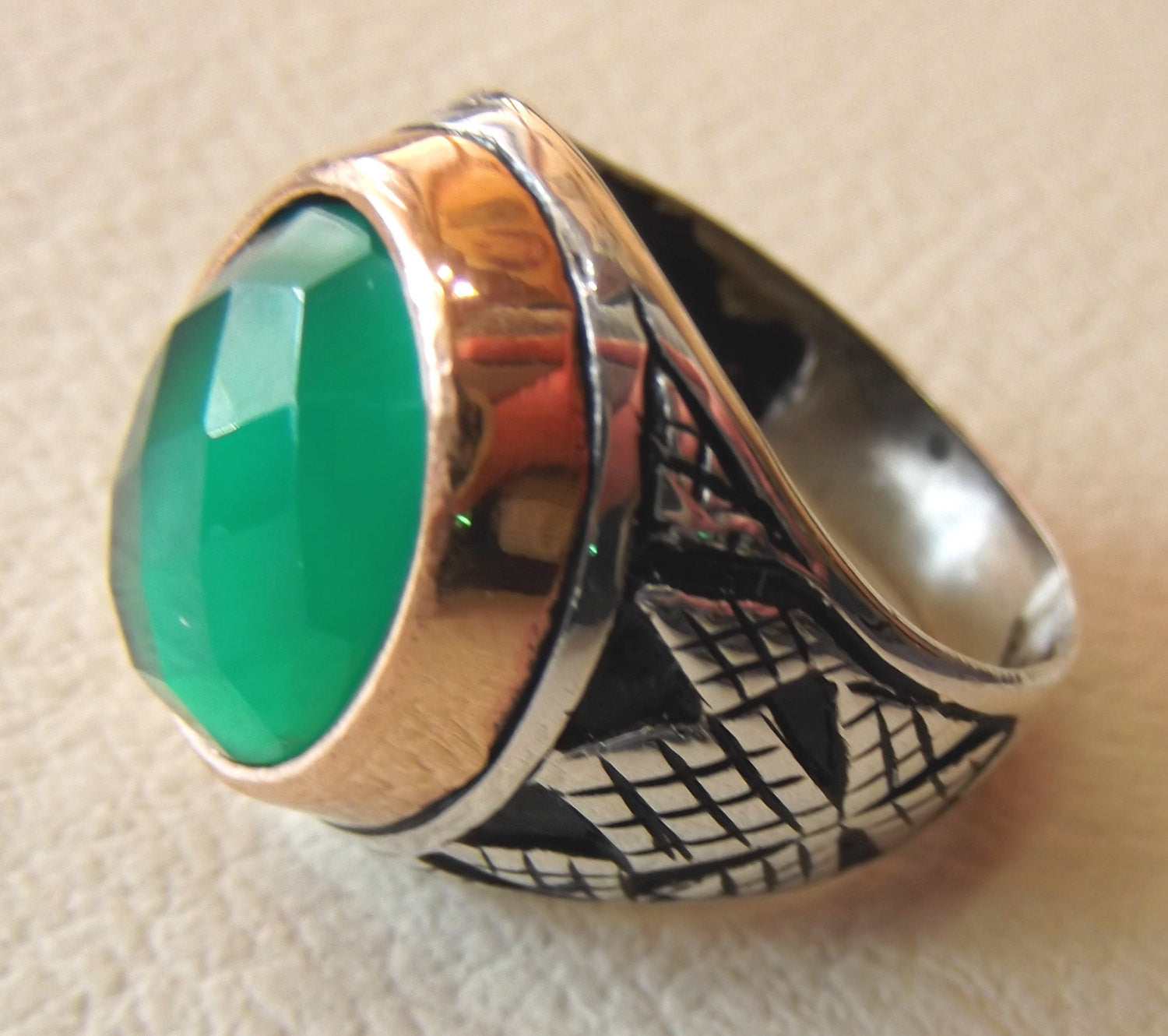 green agate aqeeq sterling silver 925 vintage men ring arabic style jewelry any size fast shipping faceted semi precious natural stone