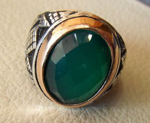 green agate aqeeq sterling silver 925 vintage men ring arabic style jewelry any size fast shipping faceted semi precious natural stone