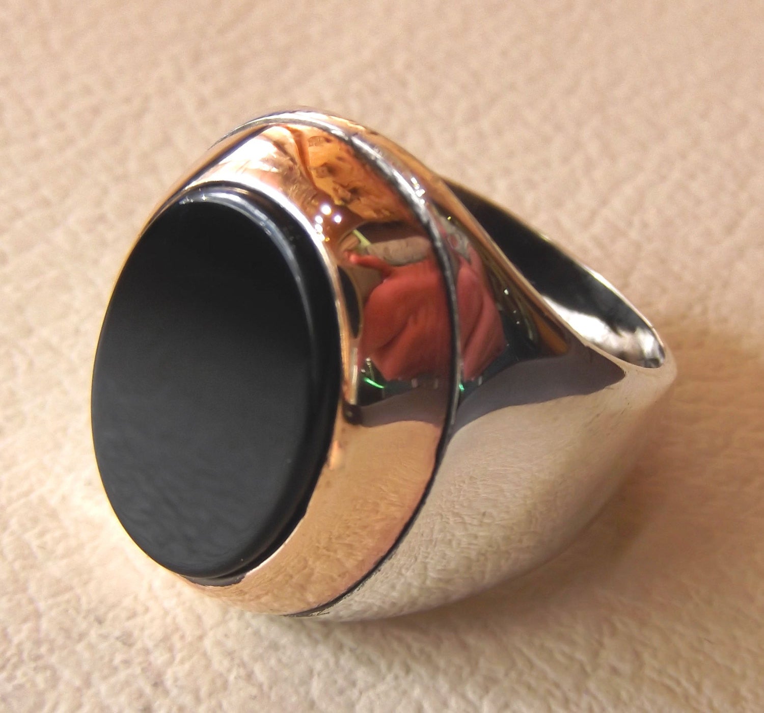 black agate onyx flat aqeeq oval stone heavy big men ring sterling silver 925 bronze frame arabic vintage style all sizes fast shipping