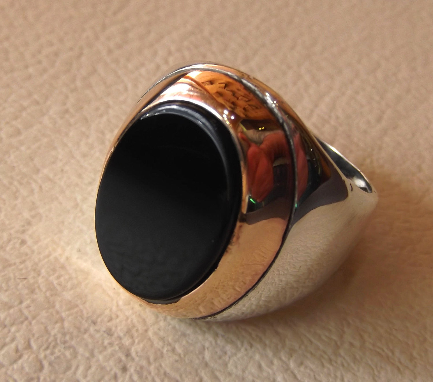 black agate onyx flat aqeeq oval stone heavy big men ring sterling silver 925 bronze frame arabic vintage style all sizes fast shipping