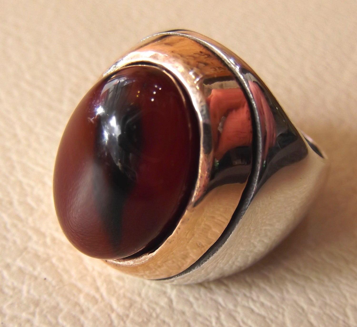 dark lace agate aqeeq liver red and black semi precious natural stone huge heavy ring sterling silver 925 bronze frame all sizes jewelry