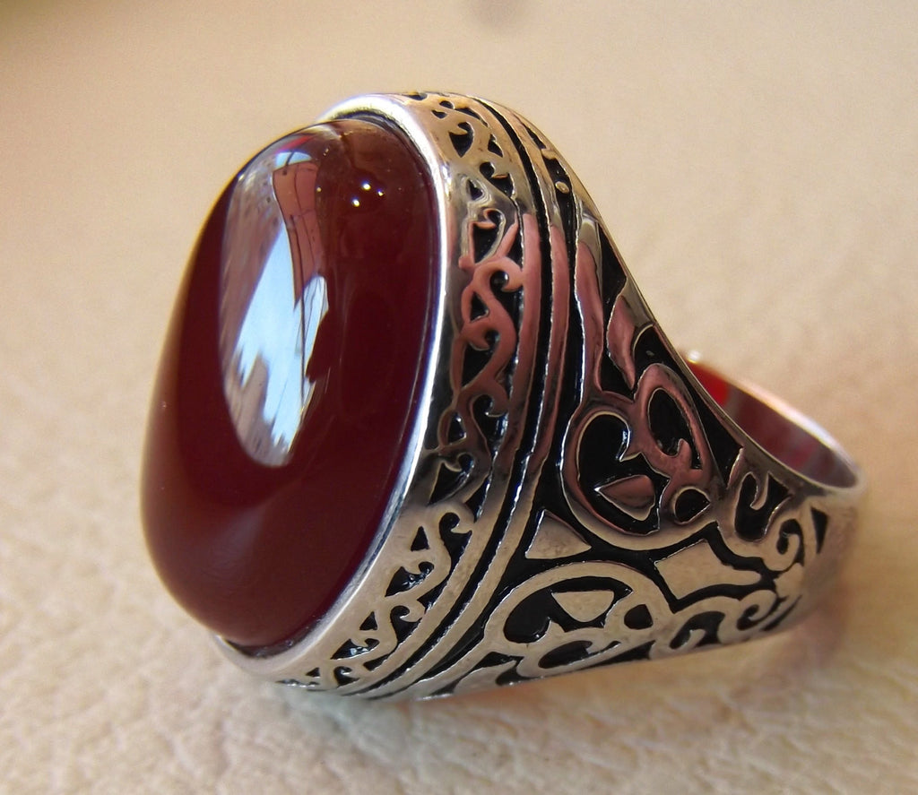 aqeeq natural liver agate carnelian semi precious stone oval red cabochon gem man ring sterling silver arabic middle eastern turkey style